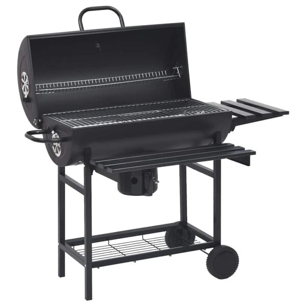 vidaXL Tønnegrill med hjul og hyller svart stål 115x85x95 cm