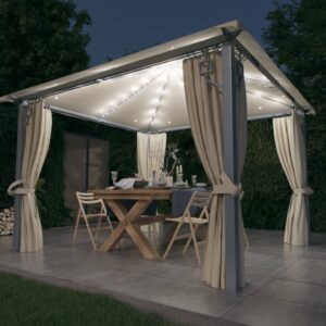 vidaXL Paviljong med gardin og LED-strenglys 3x3 m kremhvit aluminium