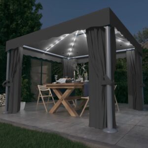 vidaXL Paviljong med gardin og LED-strenglys 3x3 m antrasitt