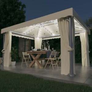 vidaXL Paviljong med gardin og LED-strenglys 4x3 m kremhvit