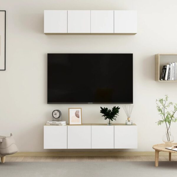 vidaXL TV-benker 4 stk hvit og sonoma eik 60x30x30 cm konstruert tre