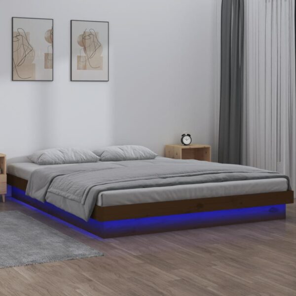 vidaXL Sengeramme med LED honningbrun 150x200 cm King Size heltre