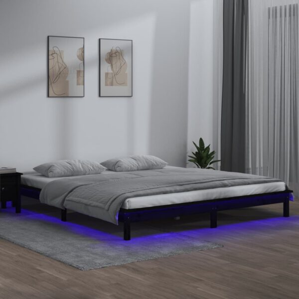 vidaXL Sengeramme med LED svart 150x200 cm King Size heltre