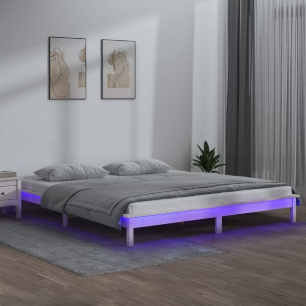 vidaXL Sengeramme med LED hvit 135x190 cm Double heltre