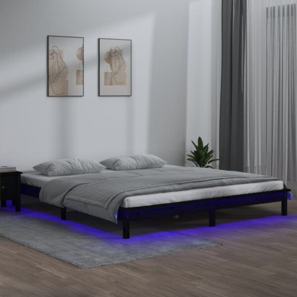 vidaXL Sengeramme med LED svart 140x190 cm heltre